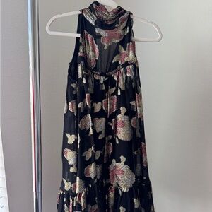 Anthropologie Floral Black and Gold Sleeveless Mini Dress
